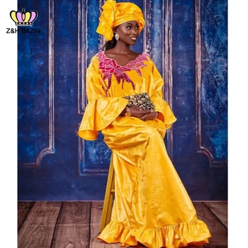 2023 Nigerian Original Bazinul Rochie Dashiki Brocart Auriu Embroiderey Bazinul Îmbrăcăminte Halat Alb Petrecere De Nunta Lady Rochie Rochii