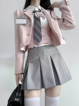 2023 Toamna 4 Piese Set De Fusta Femeie Japoneză Dulce Costum De Uniformă Cardigan Scurt + Tricou Casual + Vesta Slim + Moda Fusta Mini