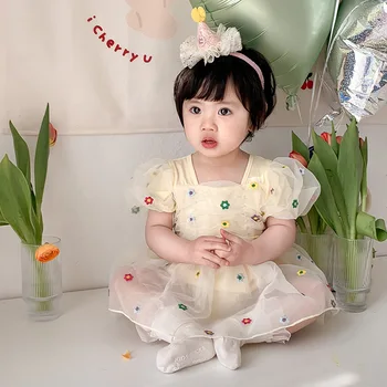 2023 Vara Nou-Nascutului Fata Rochie De Printesa Scurt Bubble Sleeve Mesh Broderie Flori Cutat Vestido Toddler Girls Dress