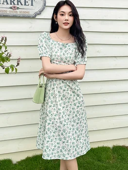 Femei Verde Floral Maneca Scurta Guler Pătrat Rochie Midi Eleganta Chic Rochii Pentru Femei De Promovare 2023 Vara Coreean Rochie Eleganta