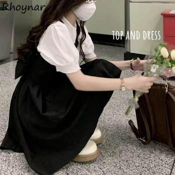 Femei Seturi de Proiectare Solid Simplă Fată Frumoasă Facultate O-gât Scurt Puff Maneca Topuri Arc Rochie Mini Popular Stil coreean Uri Noi