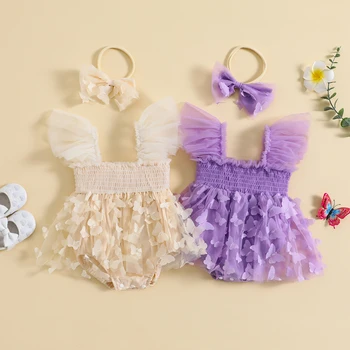 2023-05-17 Lioraitiin 0-24M Baby Girl Moda Bodysuit de Pe Umăr 3D Fluture Decor Rochie Mozaic Salopeta Dulce Îmbrăcăminte