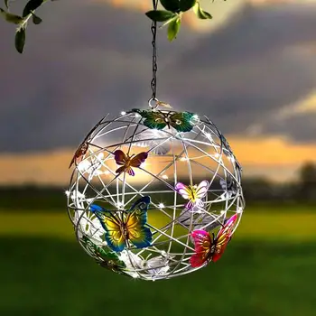 Grădină Agățat Lumina Solara Cu Balonul Rotund De Lumină Cu Fluture Metal Rezistent La Apă Țesut Lampă De Agățat Acasă Decorative Veioza