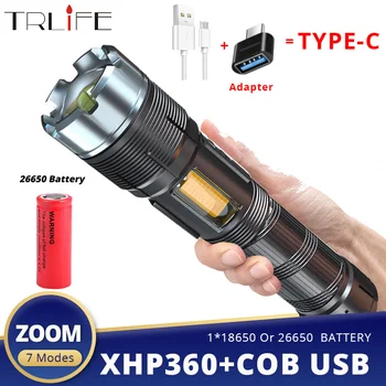 Puternic Lanterna LED-uri XHP360.9 de TIP C USB COB Lanterna 7Models Tactice T6 Mini Lanterne Zoom Pentru Vânătoare, Camping Auto-Apărare