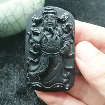 Frumos Chinez Manopera Naturale Obsidian Negru Sculptat Dumnezeu de Avere Norocos Amuleta Pandantiv + Margele Colier Moda Bijuterii