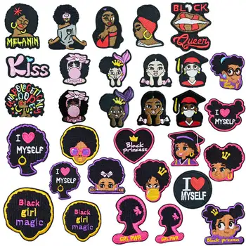 negru Fata de Patch-uri de Fier pe Patch-uri Afro Fata de Patch-uri Brodate Coase Pe Aplicatiile pentru Îmbrăcăminte Rucsaci, Blugi, Jachete DIY Meșteșug