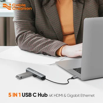 CableCreation C USB HUB 5-în-1 4K 30Hz 60Hz Tip C la HDMI Adaptor Hub cu USB 3.0, Ethernet, USB C Stație de Andocare pentru Macbook Air