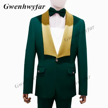 Gwenhwyfar Verde Inchis Sacou Pantaloni Personalizate Nunta Mire Costume, Cel Mai Bun Om Cavalerii De Onoare Costume De Lux De Sex Masculin Sacou Rever Aur