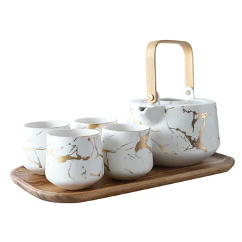Aur Textură de Marmură de Portelan Set de Ceai cu 1 Ceainic, 4 cesti de ceai Cu 1 Tavă de Lemn din Asia de Ceai Drinkware Negru Mat Alb