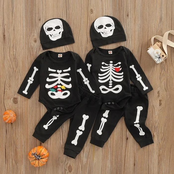 mama si copil 0-24M Halloween Baby Boy Set Haine pentru Sugari, Nou-născut Fată Băiat Craniu Schelet Print Romper Pantaloni Pălărie Costume Costume D01
