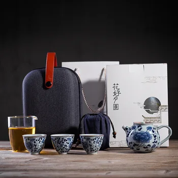 Retro Albastru și Alb Călători într-O Oală, Umple Trei Cesti de Ceai Convenabil Ceai Kung Fu Set ceainic si Ceasca Set de Ceai din Ceramica Set