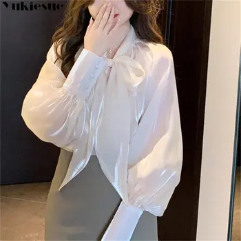 Primavara-Vara Moda Pulover Dantelă Sus BowLadies Sus Franceză Felinar Lung Maneca Camasa Eleganta Bluza Femei Solid Shirt Femei