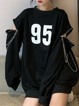 Deeptown Moda Coreeană Supradimensionate Jachete Femei De Pe Umăr Maneca Lunga Pulover De Harajuku Negru Vrac Hanorac Streetwear
