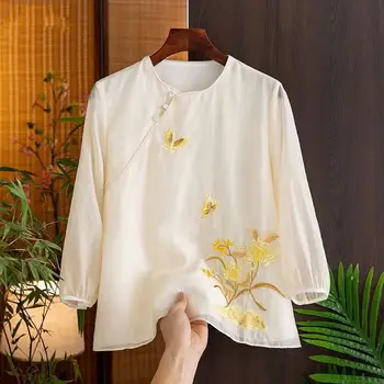 Broderie Tricou pentru Femei de Vara 2023 Nou În Print Floral Bluze Largi Maneca Scurta Top Stil Chinezesc Epocă O-Gât YCMYUNYAN