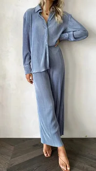 Sexy Costum Solid De Două Piese De Costume Office Lady Maneca Lunga Plisata Bluza Se Potriveste 2022 Femei Casual Largi Picior Pantaloni Set