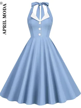 2023 Albastru Hepburn Stilul anilor ' 50 ' 60 Vintage Dress O-Linie fara Spate Halter Pin-Up Rockabilly Femei Rochie de Vara Petrecere Retro Vestidos