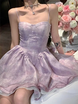 Dulce Elegant Rochie Mini Party Femei Violet Casual Vintage Fairy Rochii de Curea de sex Feminin 2023 Vară Șifon coreean Rochie Sexy Y2K