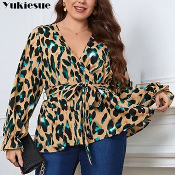 2023 Vară De Moda De Top Volane Casual Imprimare Sexy V-Neck Vintage Leopard De Imprimare Tricou Tunica Cu Centură De Birou Femei Bluza Eleganta