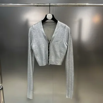 PREPOMP 2023 Primăvară New Sosire Maneca Lunga V Gât Argint Metal de Culoare Subțire Tricotate Cardigan pentru Femei Pulover GH440