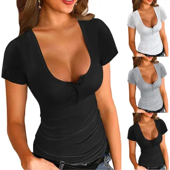 40# Femei Bază Sexy Low Cut Tricouri Butonul Maneci Scurte Strâns Montate Subțire Bodycon Tee Topuri Tricouri Femei Îmbrăcăminte