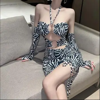 Agățat de Gât Scobite fără Mâneci Sac de Șold Fusta de Moda pentru Femei Slim Design Zebra Rochie fara Spate