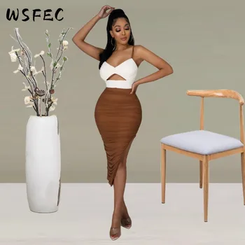 WSFEC S-XL Rochii pentru Femei 2023 Africa de Îmbrăcăminte de Vară fără Mâneci Căpăstru Gol Mozaic Cutat Split Rochie Midi Bodycon