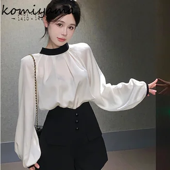 Komiyama Elegant Lovit Stand Guler Culoare Tricouri Bluze Spate Dantela-Up Arc Topuri De Moda Coreeană Cămașă De Primăvară Haine Noi Femei