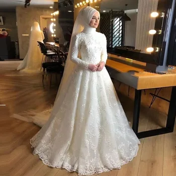 2023 Înaltă Gât Mâneci Lungi Dantelă Musulman Rochii De Mireasa Islamic Arab Hijab Dubai Caftan Vestido De Novia Robe De Mariee 2023
