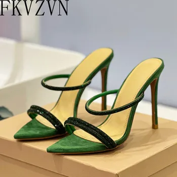 O Centura De Pietre Lanțuri Papuci De Casă Tocuri Inalte Sexy Doamnelor Sandale Alunecare Pe Pantofi De Partid Verde Peep Toe Cristale Pantofi Pentru Femei