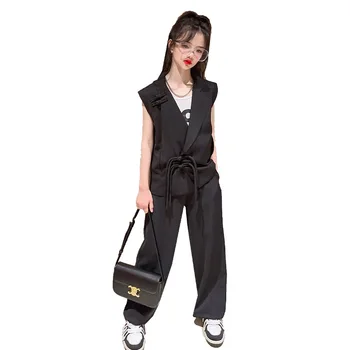 Vara adolescente haine Set 2023 Noul stil Chinezesc haină fără Mâneci+pantaloni Largi picior Două Bucata Costum de Moda pentru copii tinuta