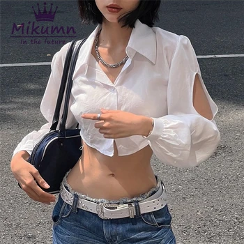 Mikumn Femei Cămăși Albe Harajuku Rândul Său, În Jos Guler Buton Gol Maneca Lunga Crop Top Bluza Casual Chic Streetwear