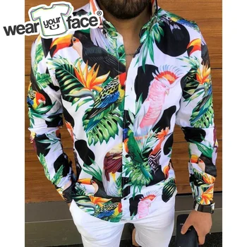 Papagal de Leopard, Leu Lanț de Aur 3D Peste Tot Imprimate Hawaiian Casual Butonul Până Camasi Rochie Complet Maneca Streetwear Bărbați Îmbrăcăminte