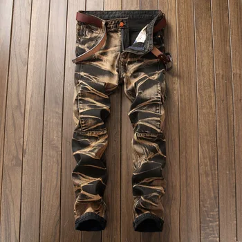 Toamna Iarna Blugi Casual Retro Mozaic Cowboy Pantaloni De Înaltă Calitate Imprimate Blugi De Bumbac Negru Bărbați Se Spală Blugi Drepte