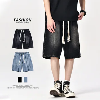 2023 Vara Cordon pantaloni Scurti din Denim Negru Bărbați Vrac Direct de pantaloni Scurți cu Talie Elastic Moda Streetwear Stil coreean Scurt, Blugi