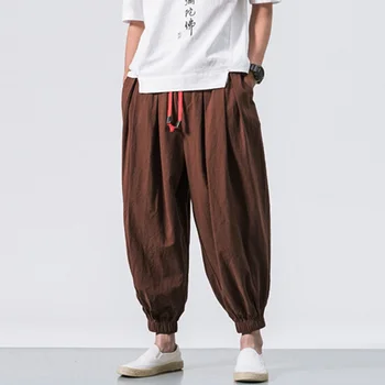 Moda pentru bărbați Lenjerie de pat din Bumbac Casual Culori Solide Pantaloni Largi Respirabil Stil Japonez Elastic Talie Pantaloni Harem Plus Dimensiune#g3