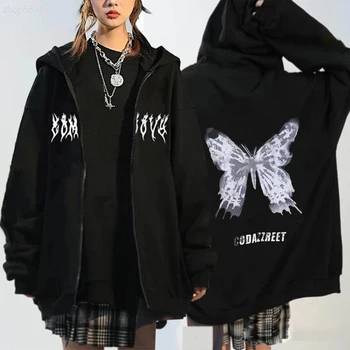 Y2K Punk/Gothic Tricoul Streetwear Top Supradimensionat Unisex Craniu Aripa Flacără Rău Cardigan Zip Hanorac Bărbați Femei Sacou Haina