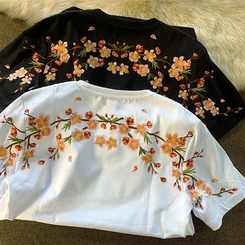 Floare Brodata Tricou Harajuku Streetwear Oameni de Vara Tricouri Maneca Scurta Alb Negru Vrac Tricou Casual Pentru Femei CS585