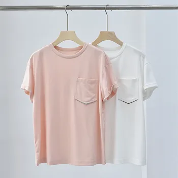 100% Bumbac Culoare Solidă femeii Laminate cu Mânecă Scurtă T-Shirt Lanț de Șirag de mărgele Buzunare Moda 2023 Vara Noi Doamnelor O-Gât Casual Tee