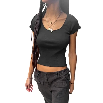 y2k Crop Top de Vara Haine pentru Femei Culoare Solidă Scoop Gât Maneci Scurte cu dungi T Shirt de Bază Teuri 2000 Îmbrăcăminte Streetwear