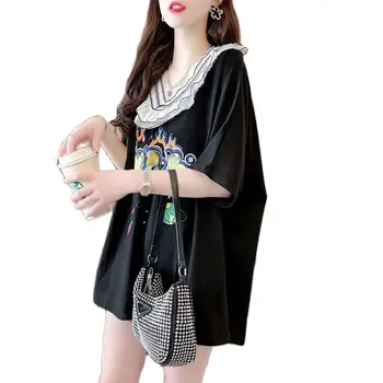 Dantela Cusut T-shirt Femei pe Scurt cu mâneci Rochie de Vara Noi Vrac Versiunea coreeană De Lungi Casual Jumătate cu mâneci tricou Top
