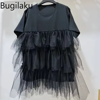 Bugilaku Moda High Street Negru Tricouri Femei Vrac Casual, Plasă de Mozaic Tricouri Culoare Solidă Simplu All-meci Topuri de Vara
