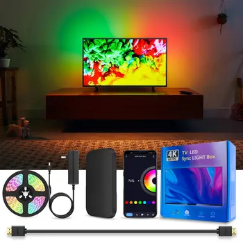 WiFi, TV LED Backlight Kit, HDMI Sincronizare Cutie și LED RGB 5m Banda de Lumina pentru 55-65 inch Ecran plat, Sprijin Alexa si Google Asistent