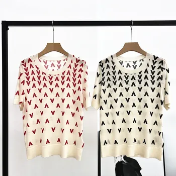 Naizaiga 100 % lână merinos imprimare alb rosu negru cu maneci scurte O-gât 2023 VARA pulovere femei T-shirt NY63